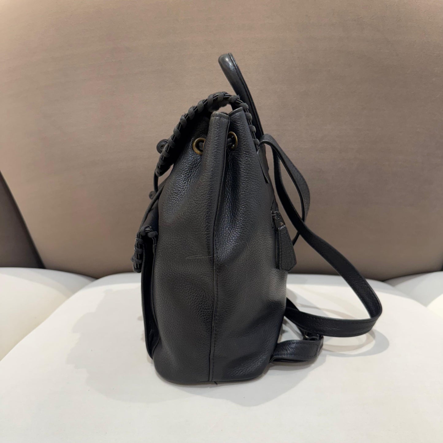 Yves Saint Laurent Vintage Black Leather Drawstring Backpack
