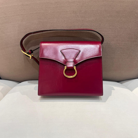 Celine Vintage Burgundy Leather Gold Ring Top Handle Bag