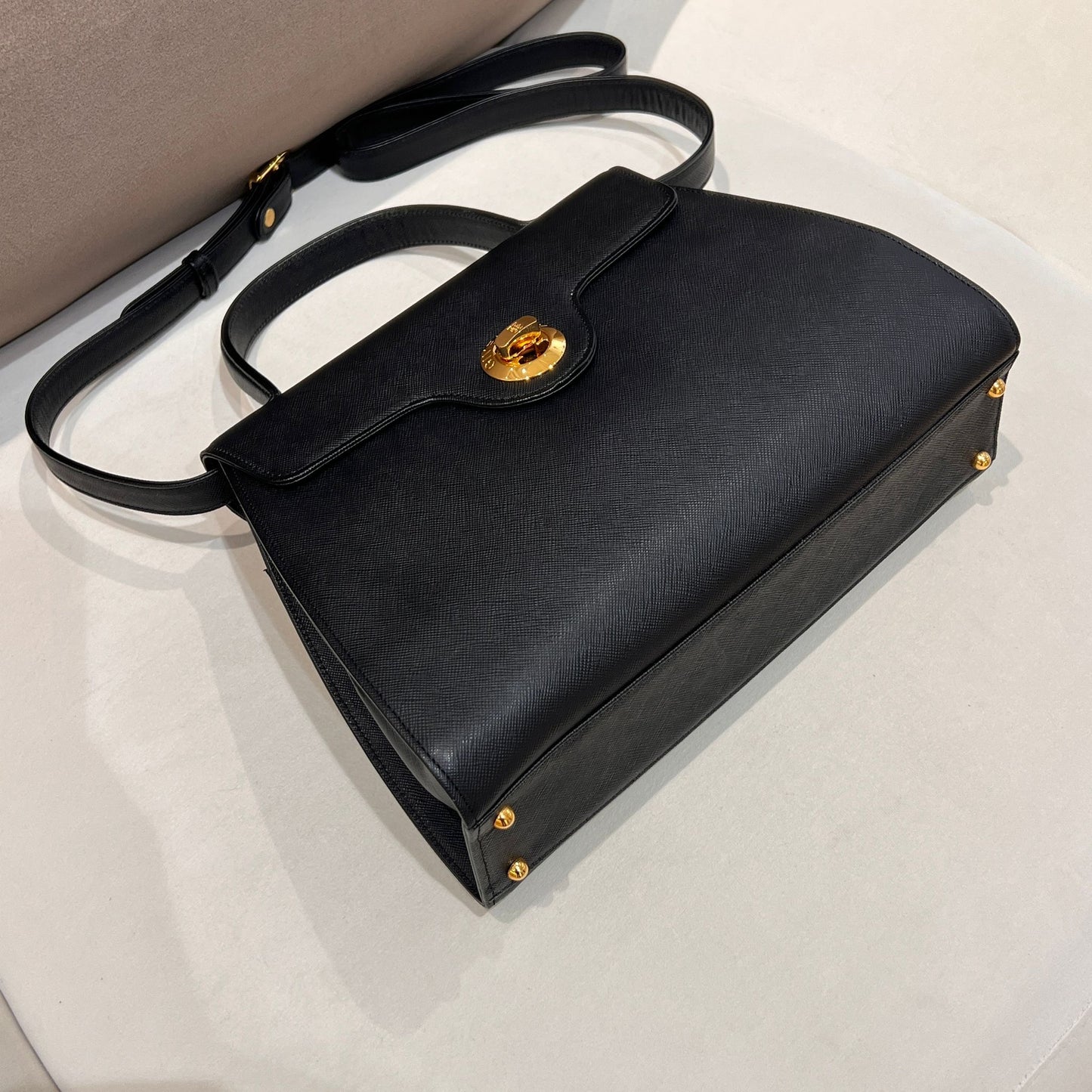 Givenchy Vintage Black Leather Turn Lock 2-Way Top Handle Bag