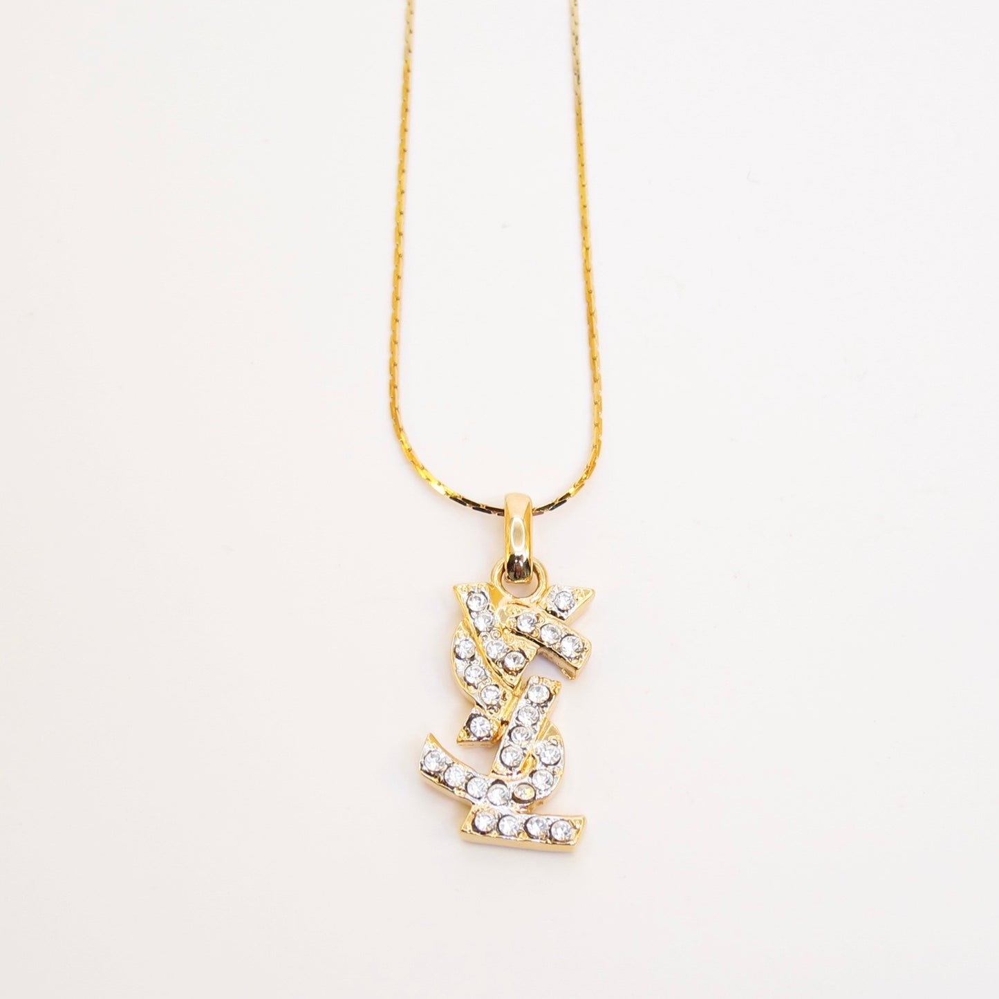 Yves Saint Laurent Vintage Ysl Logo with Rhinestone Golden Necklace