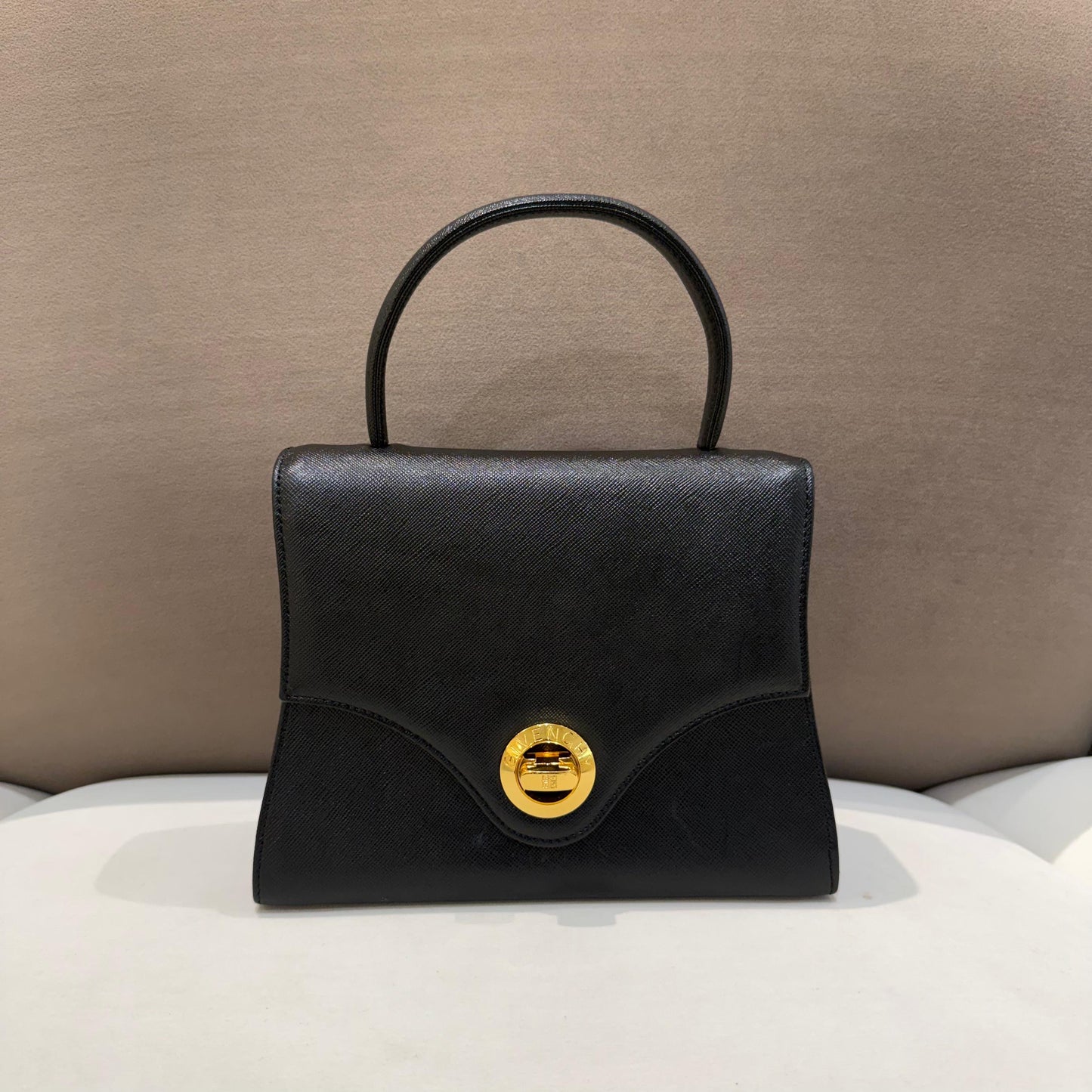 Givenchy Vintage Black Leather Gold Turn Lock Top Handle Handbag