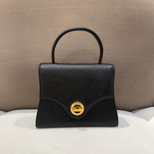 Givenchy Vintage Black Leather Gold Turn Lock Top Handle Handbag