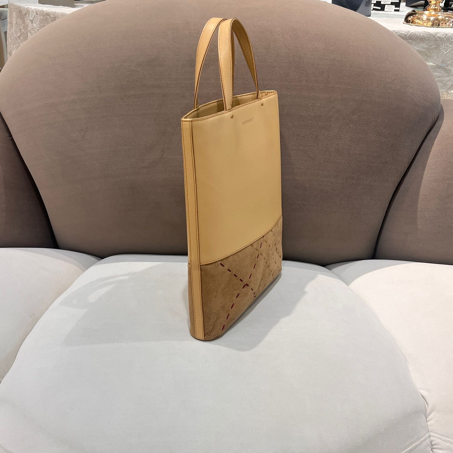 Burberry Vintage Beige Leather Two-Tone Structured Tote Bag
