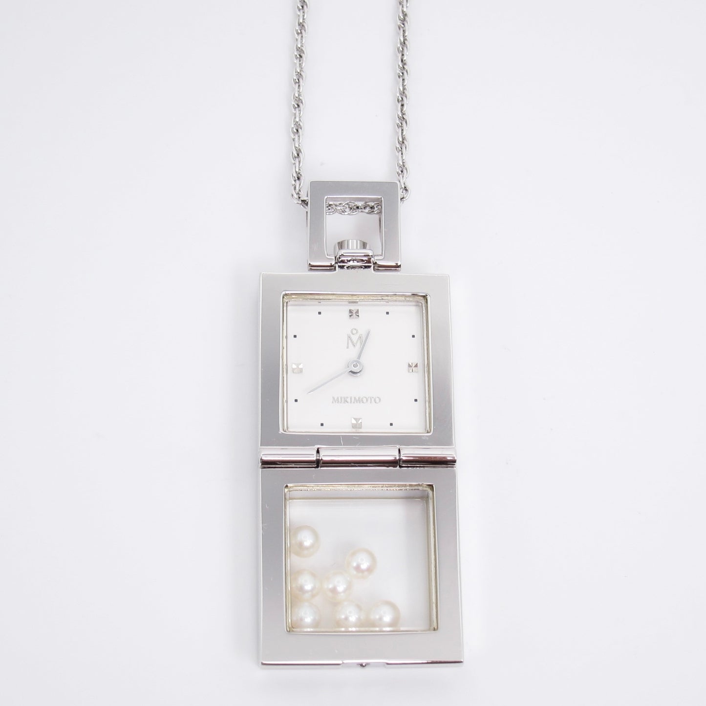 Mikimoto Vintage Square White Face Silver Pendant Watch with Pearl Box and Necklace
