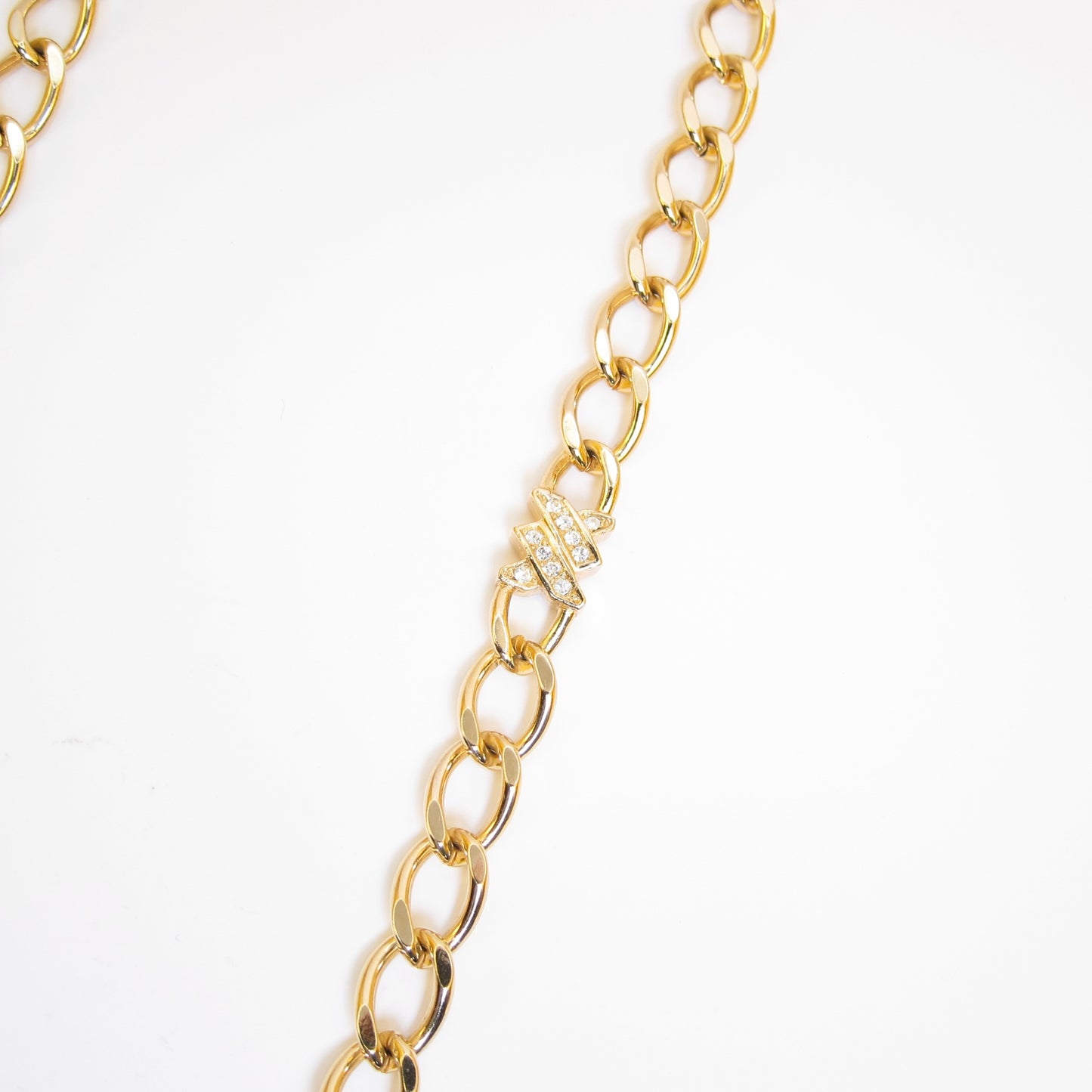 Christian Dior Vintage Stylish Chain Link and Rhinestone Golden Long Necklace