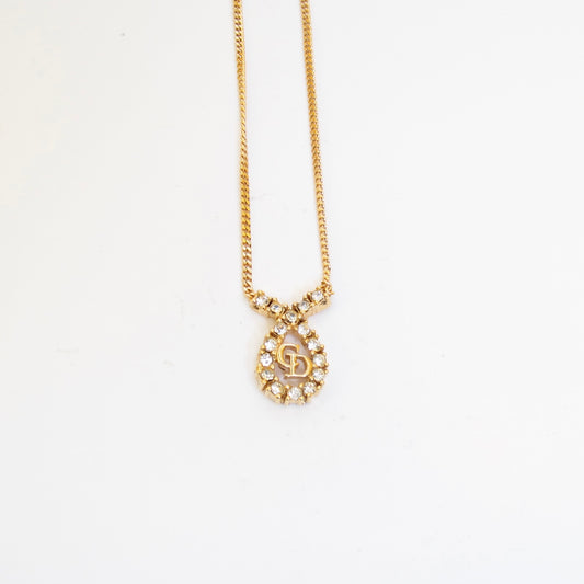 Christian Dior 復古水滴形 CD 標誌鑲水鑽金色項鍊