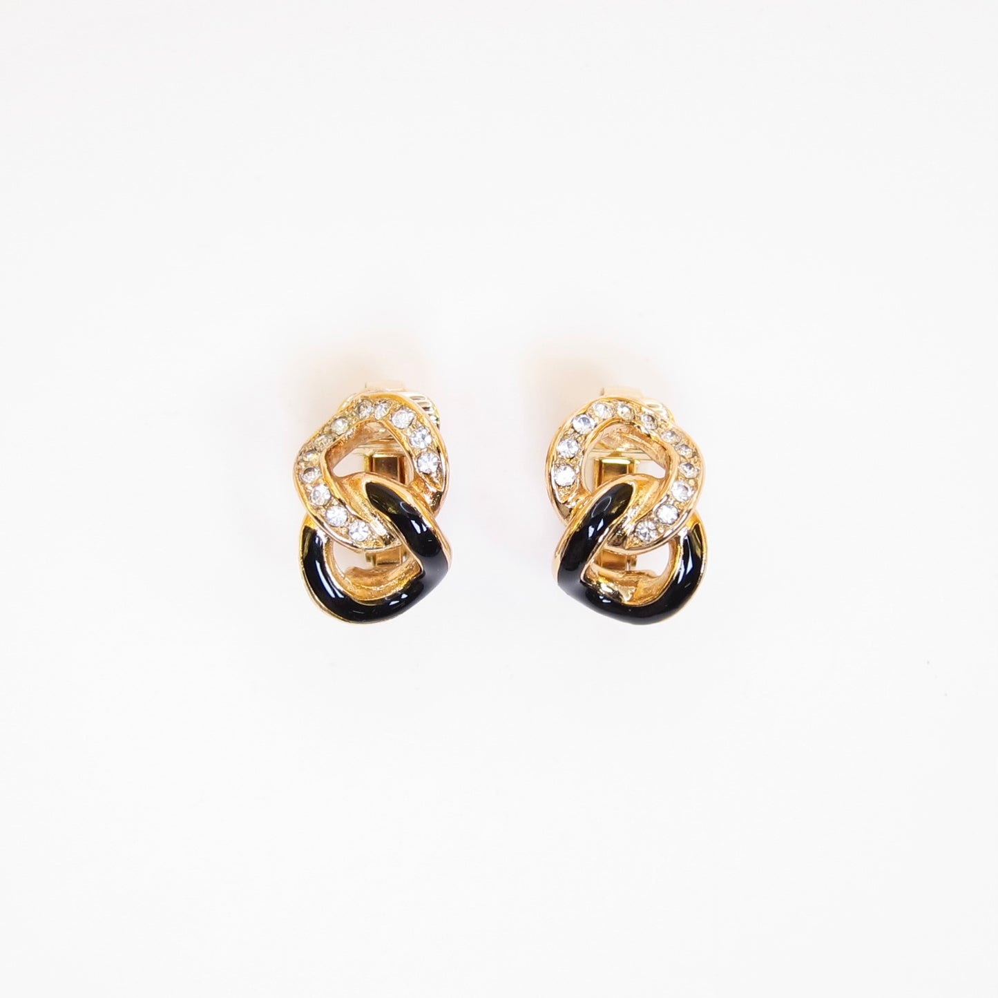 Christian Dior Vintage Link Black and Rhinestone Golden Clip-on Earrings