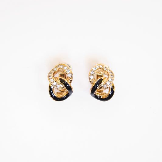 Christian Dior Vintage Link Black and Rhinestone Golden Clip-on Earrings