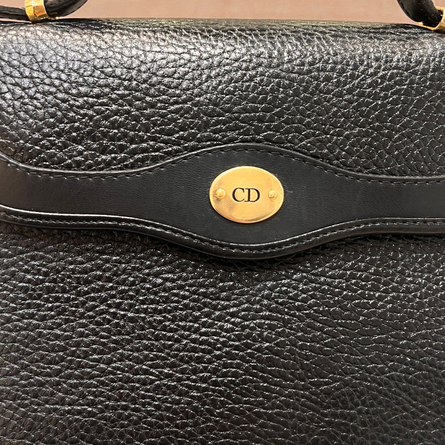 Christian Dior Vintage Black Grained Leather Top Handle Handbag With Oval Logo Clasp