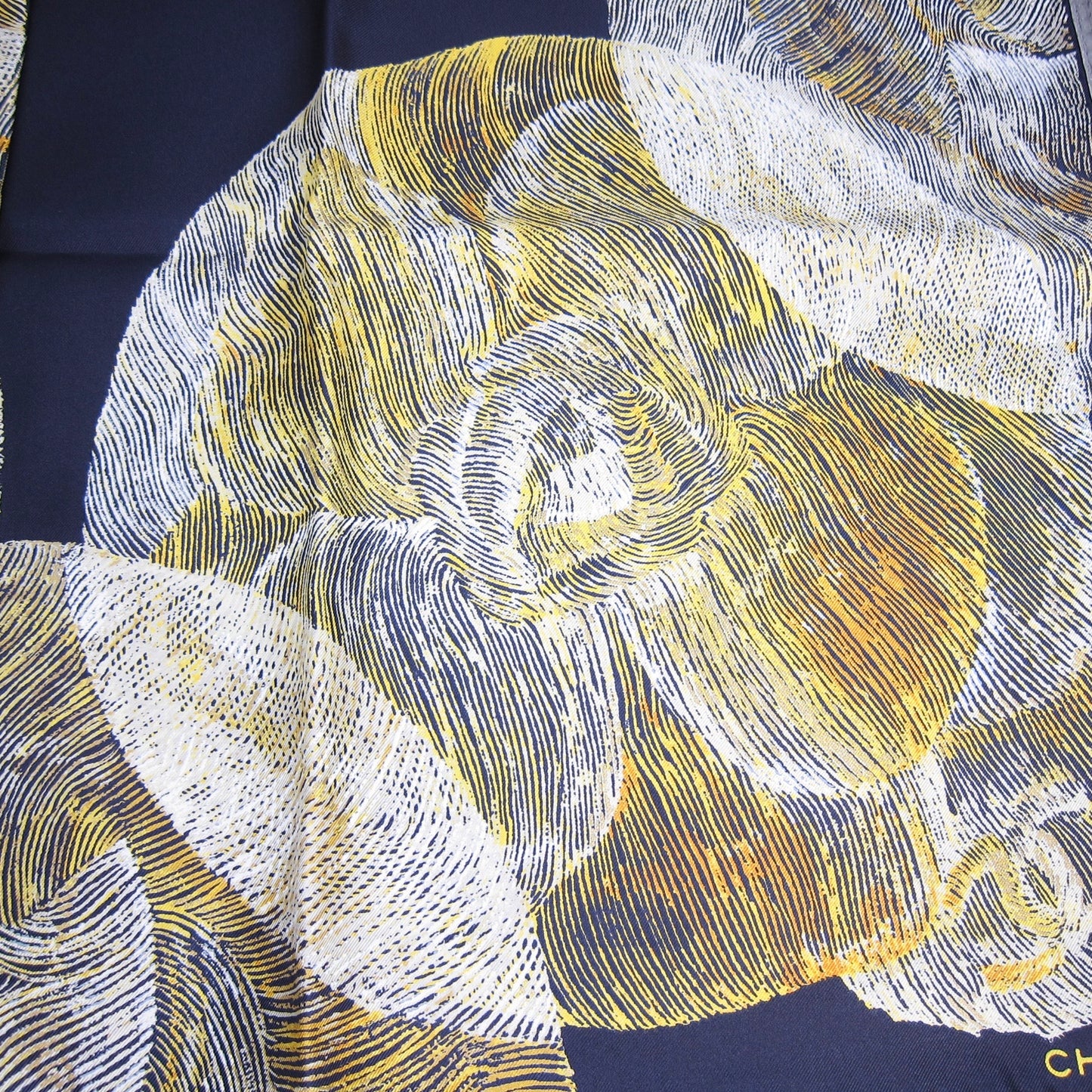 Chanel Vintage Camellia Moons Pattern Silk Scarf