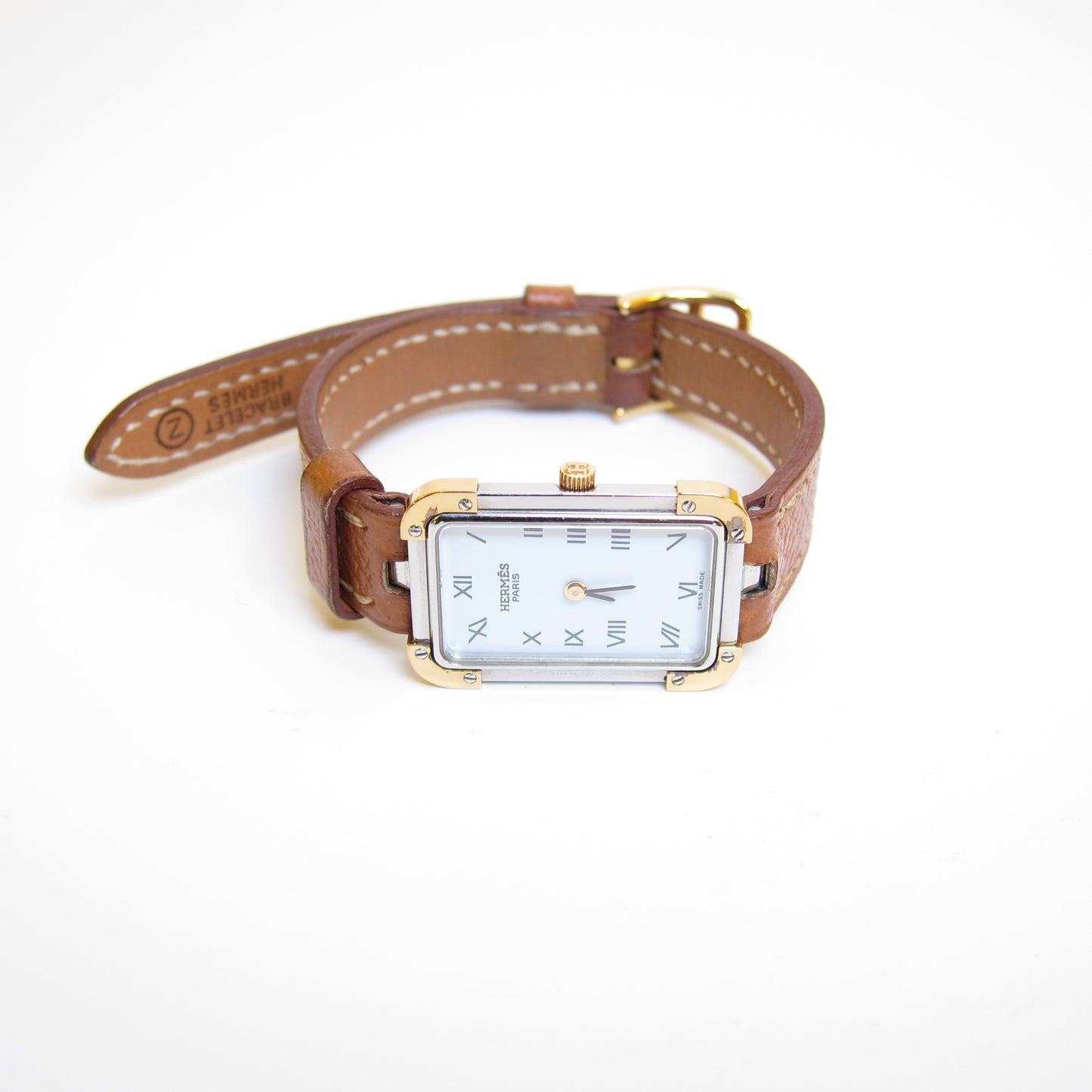 Hermes Vintage Croisière Rectangle White Face and Brown Leather Strap Watch