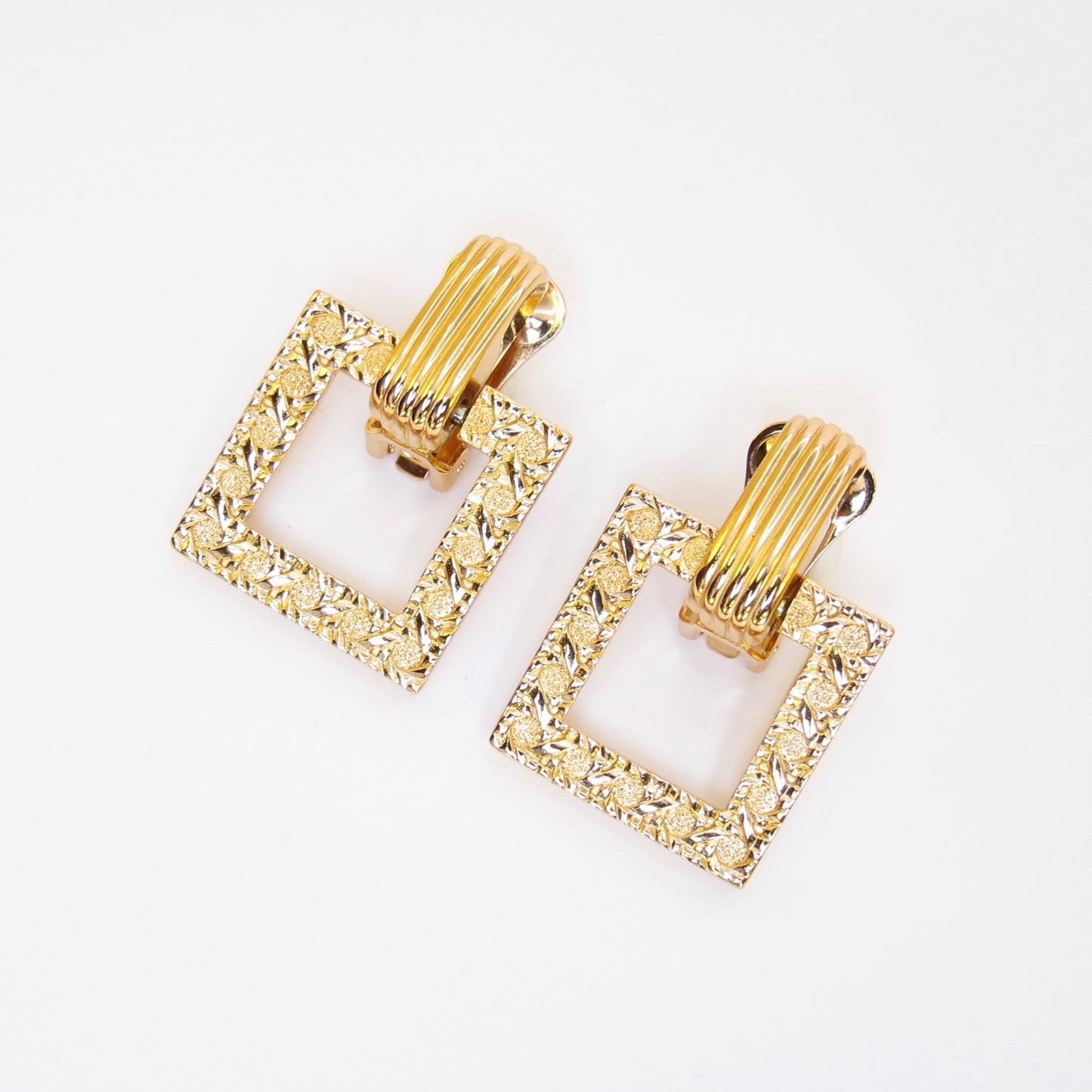 Christian Dior Vintage Textured Square Drop Golden Clip-on Earrings