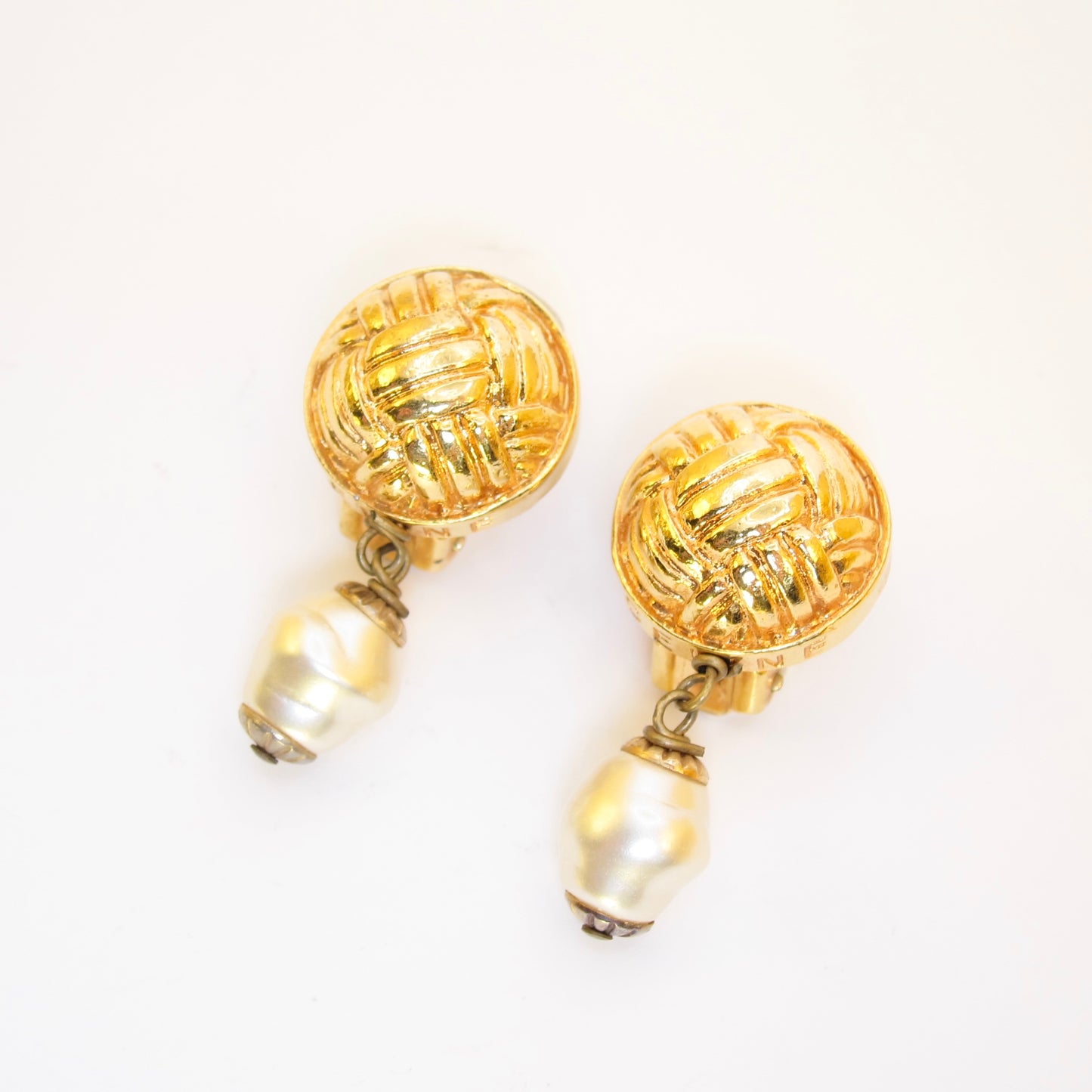 Celine Vintage Round Shape and Pearl Dangling Golden Clip-on Earrings