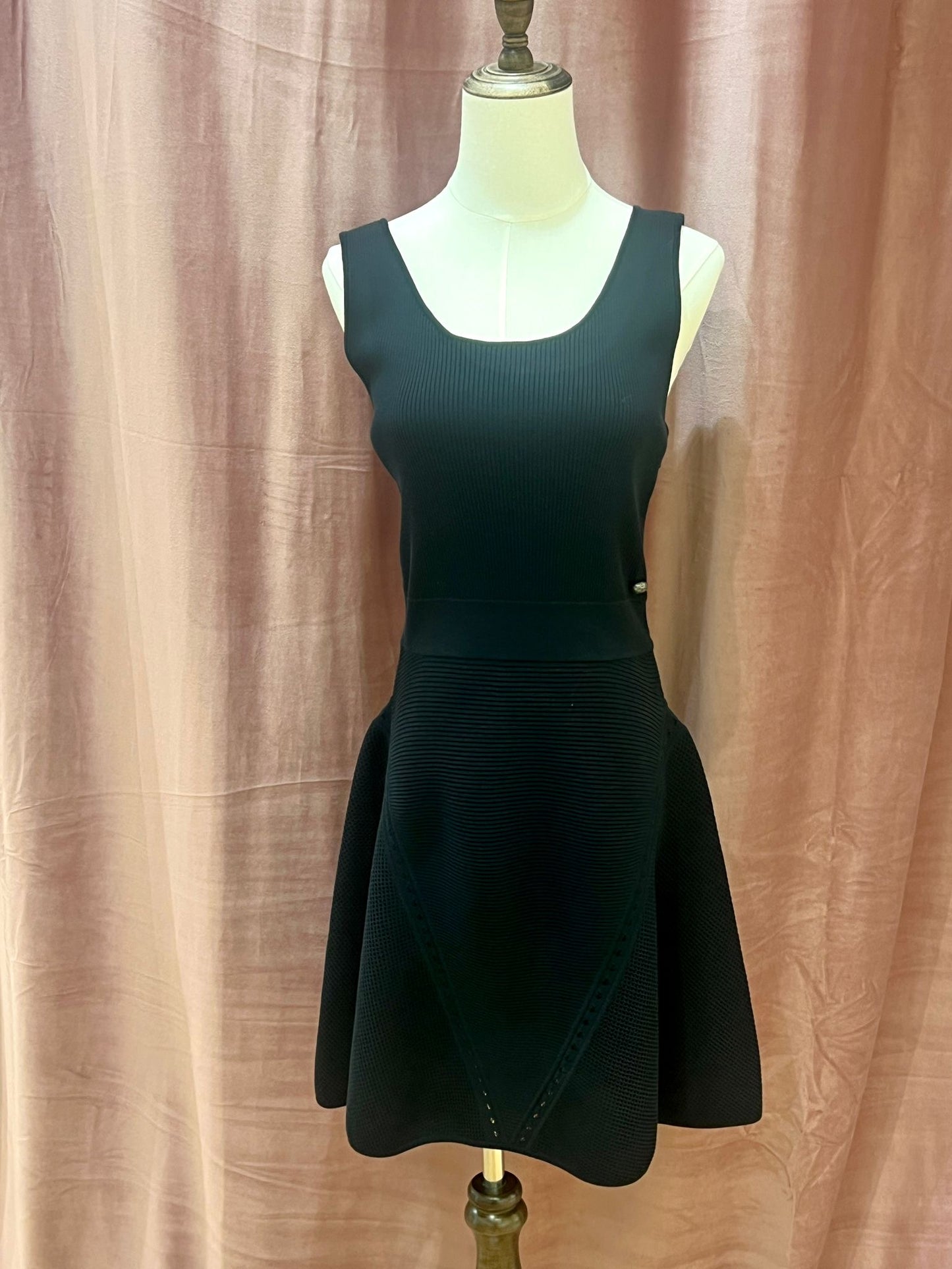 Chanel Vintage Black Sleeveless Knit Structured Flared Dress