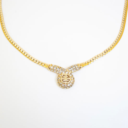 Givenchy Vintage 4G Logo and Rhinestone Pendant Golden Necklace