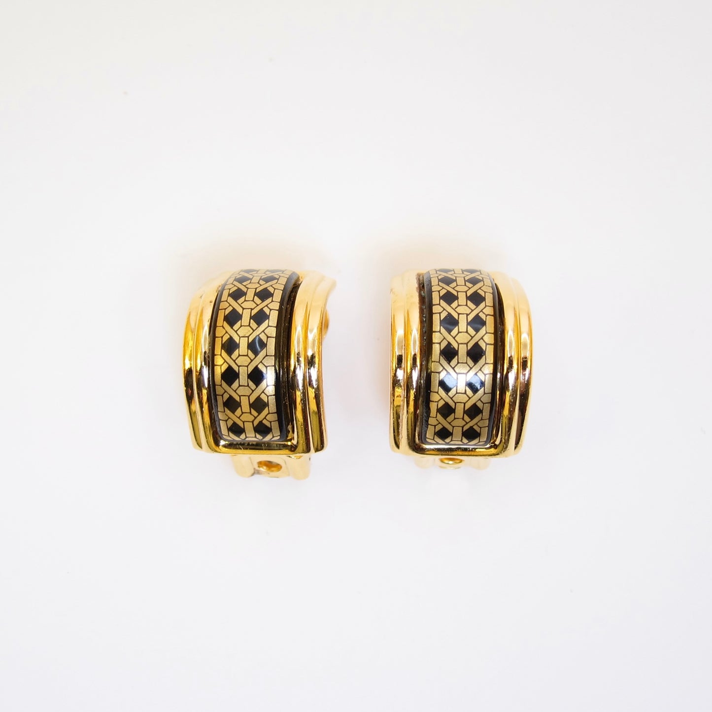 Hermes Vintage Black and Golden Enamelled Clip-on Earrings