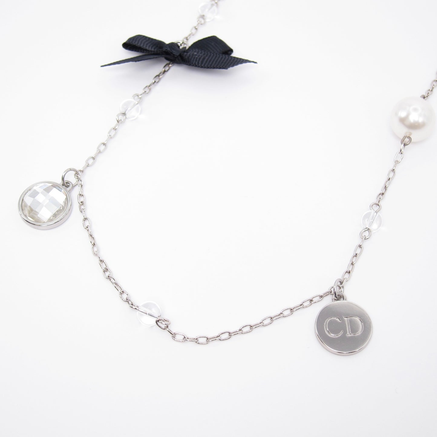 Christian Dior Vintage CD Logo Pearl Ribbon and Charms Silver Long Necklace