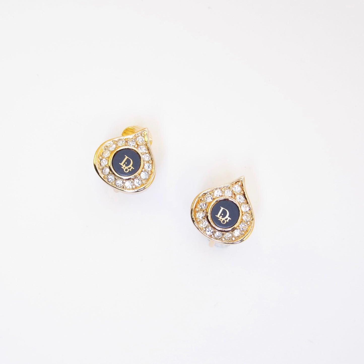 Christian Dior Vintage Dior Logo Black and Rhinestone Teardrop Golden Clip-on Earrings