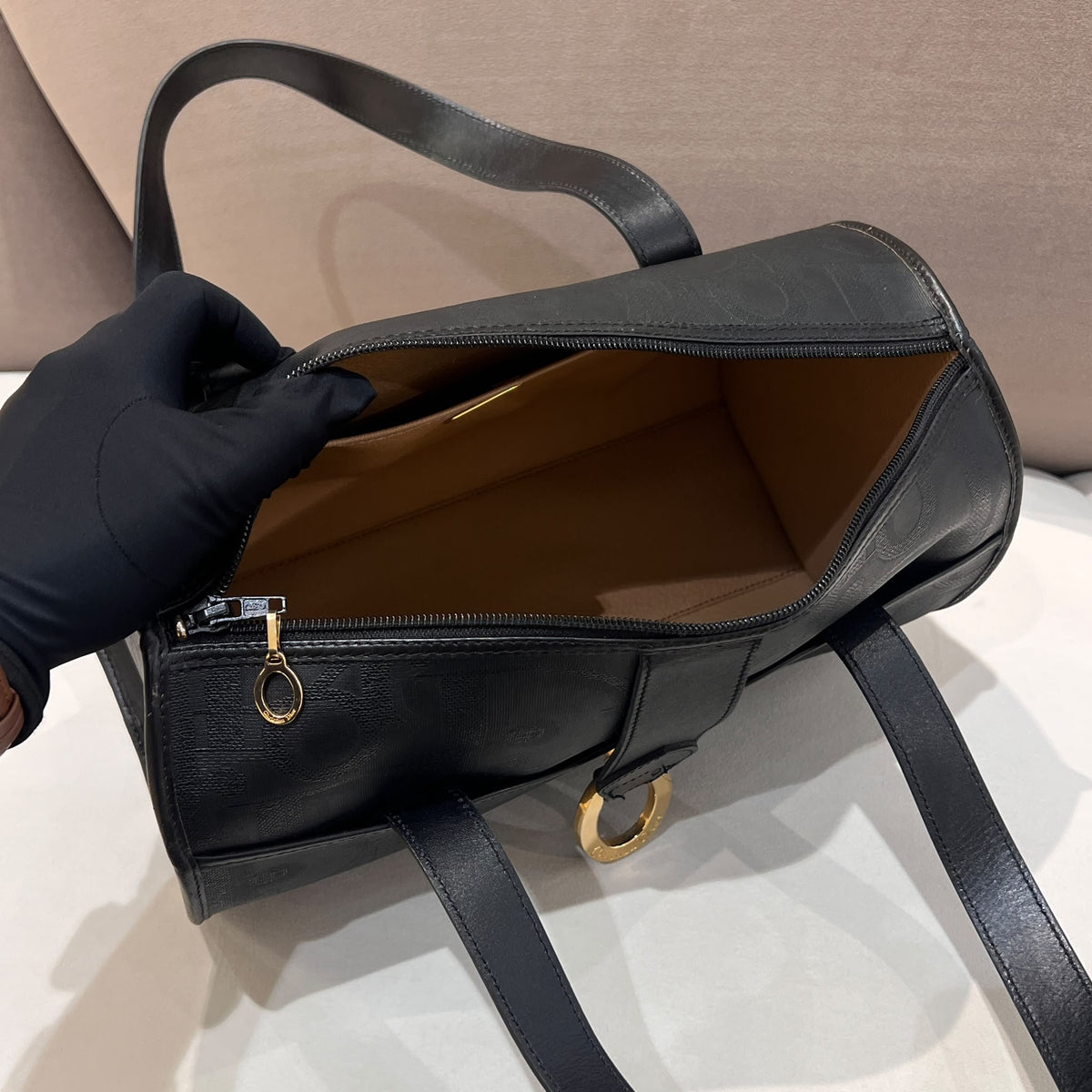 Christian Dior Vintage Black PVC Leather Gold Ring Boston Bag