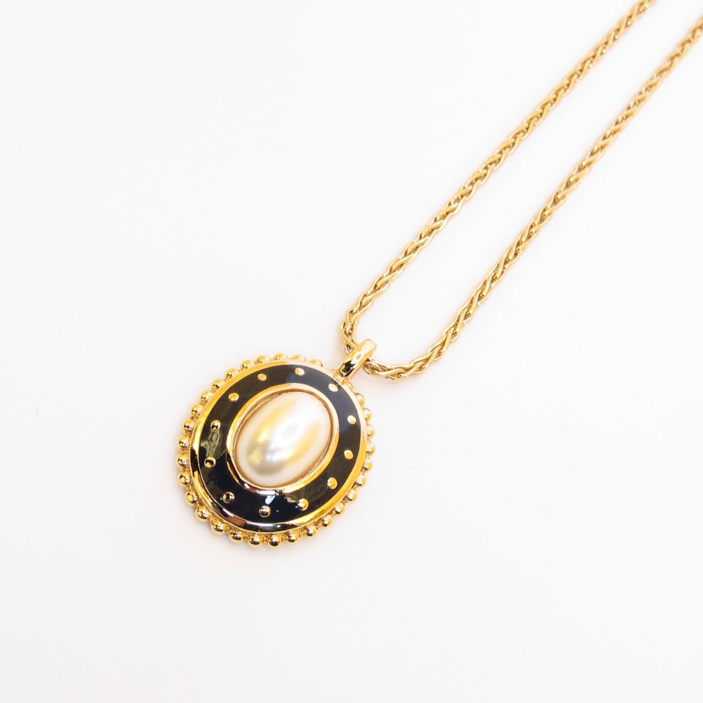 Burberry Vintage Oval Pearl and Navy Pendant Golden Necklace
