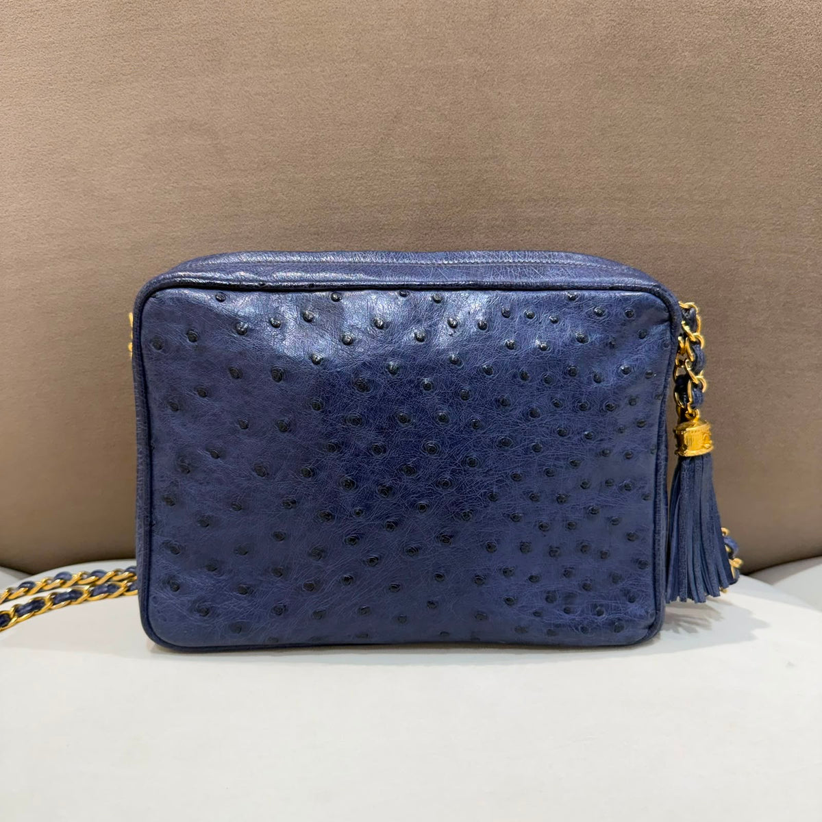 Chanel Vintage Navy Ostrich Fringe Chain Shoulder Bag