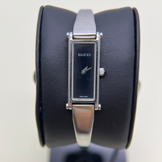 Gucci Vintage Rectangle Black Face Silver Bangle Watch