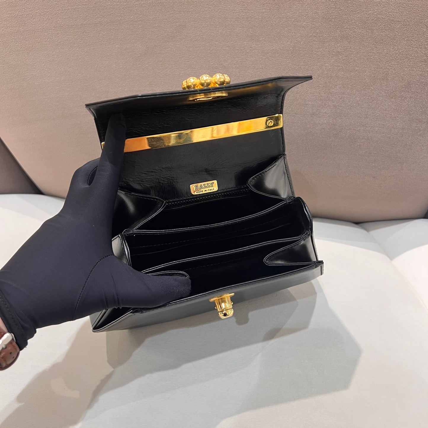 Bally Vintage Black Leather Hexagonal Top Handle Handbag
