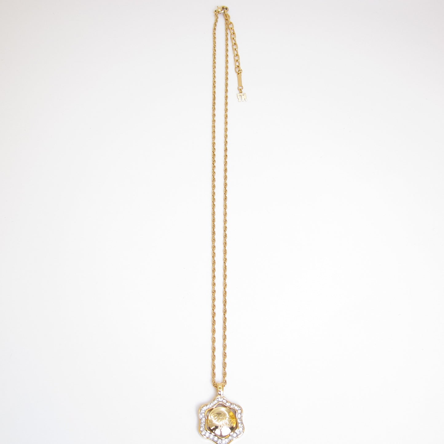 Nina Ricci Vintage Logo on Circle and Ruffle Edge with Rhinestone Golden Necklace