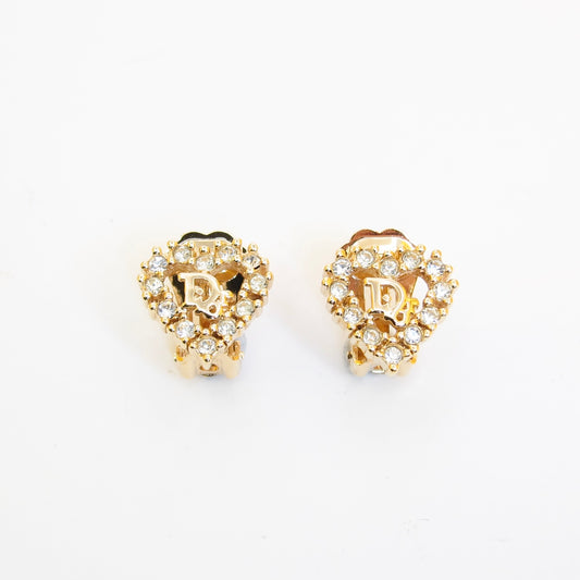 Christian Dior Vintage Dior Logo in Heart with Rhinestone Golden Clip-on Earrings