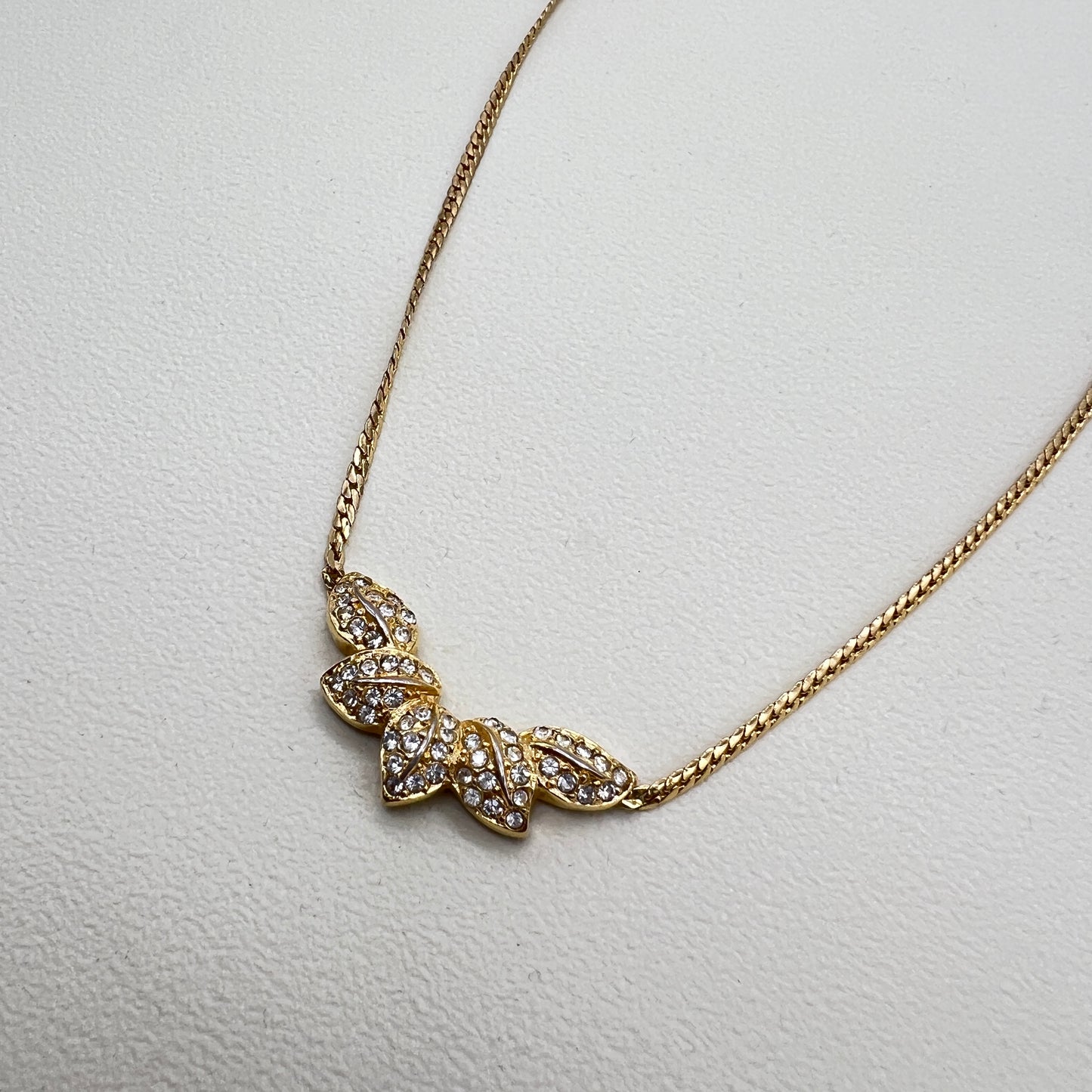 Christian Dior Vintage Leaf Motif Rhinestone Golden Necklac