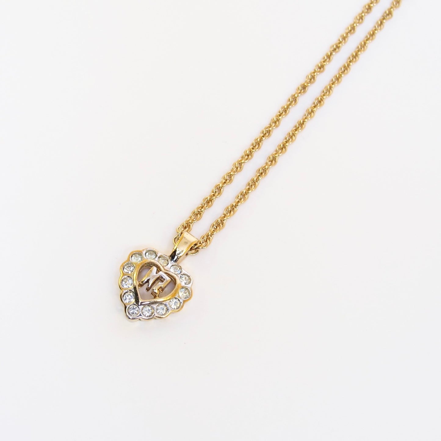 Nina Ricci Vintage NR Logo in Heart with Rhinestone Golden Necklace
