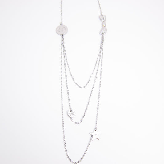 Christian Dior Vintage CD Logo and Charms Silver Long Necklace
