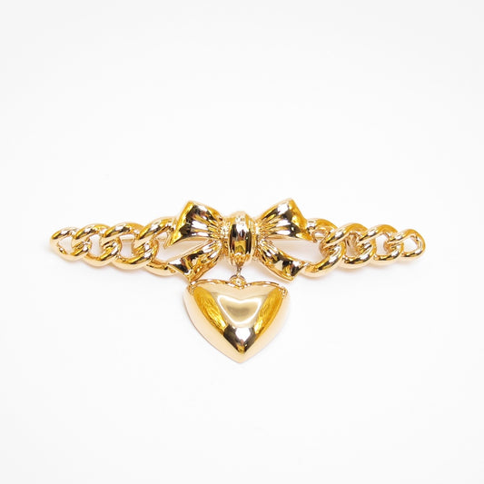 Nina Ricci Vintage Bow Link Chain with Dangle Heart Golden Brooch
