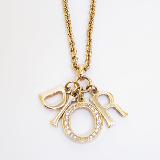 Christian Dior Vintage Dior Letter Charm with Rhinestone Golden Necklace