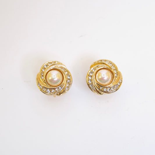 Christian Dior Vintage Pearl and Rhinestone Golden Clip-on Earrings