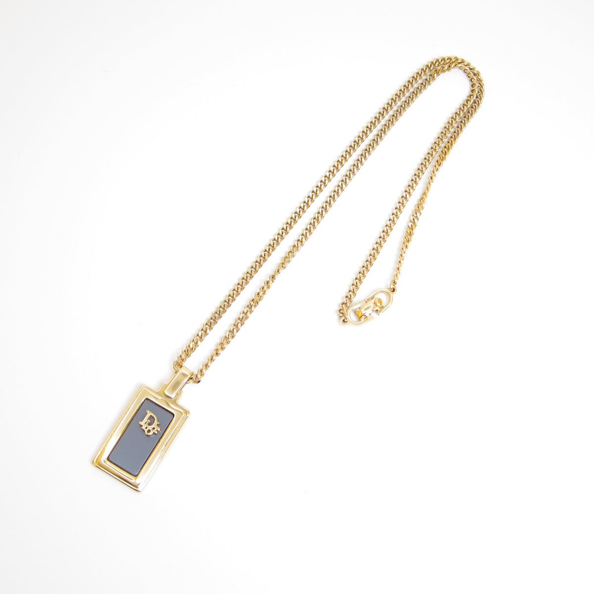 Christian Dior Vintage Black Enamel Oblong CD Logo Gold-Tone Necklace