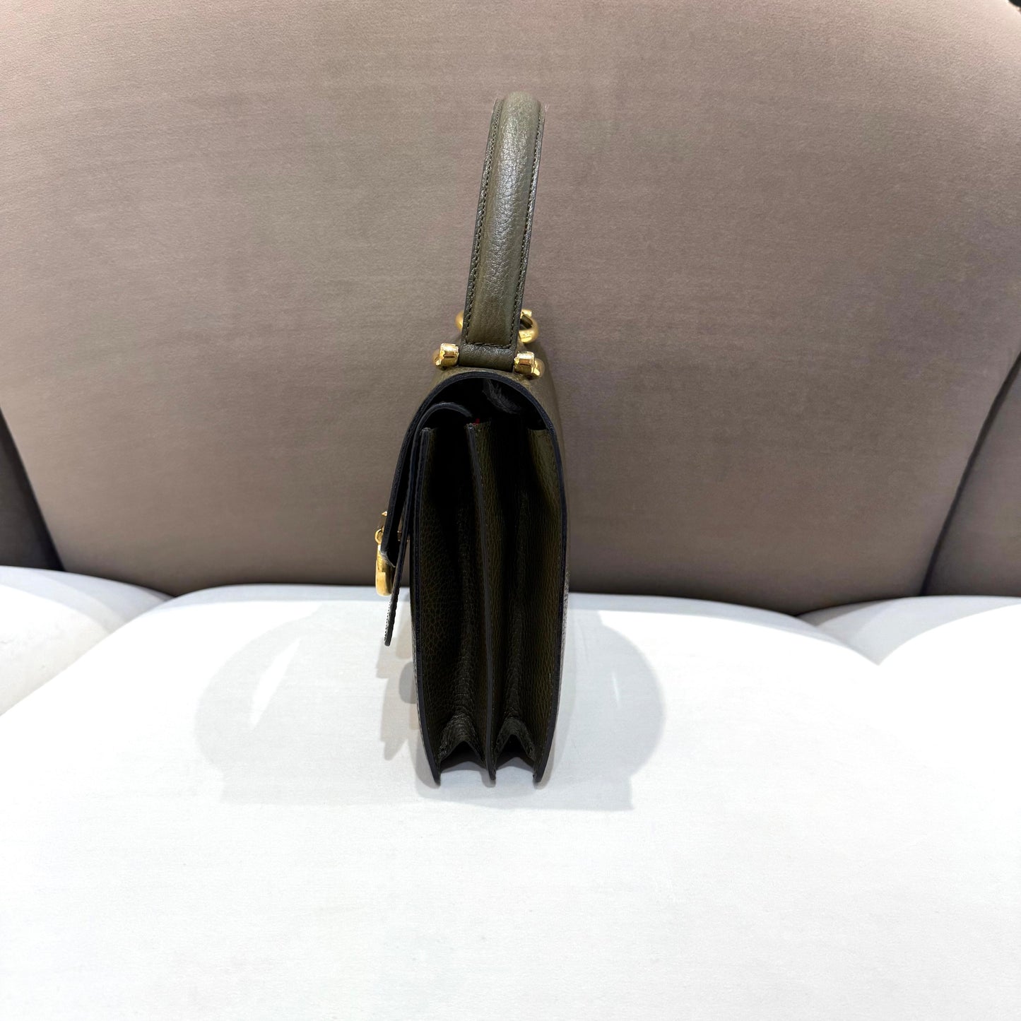 Celine Vintage Olive Green Leather Ring Clasp Top Handle Bag