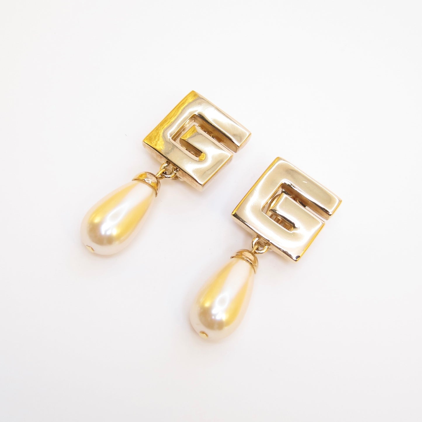 Givenchy Vintage G Logo and Pearl Swing Golden Clip-on Earrings