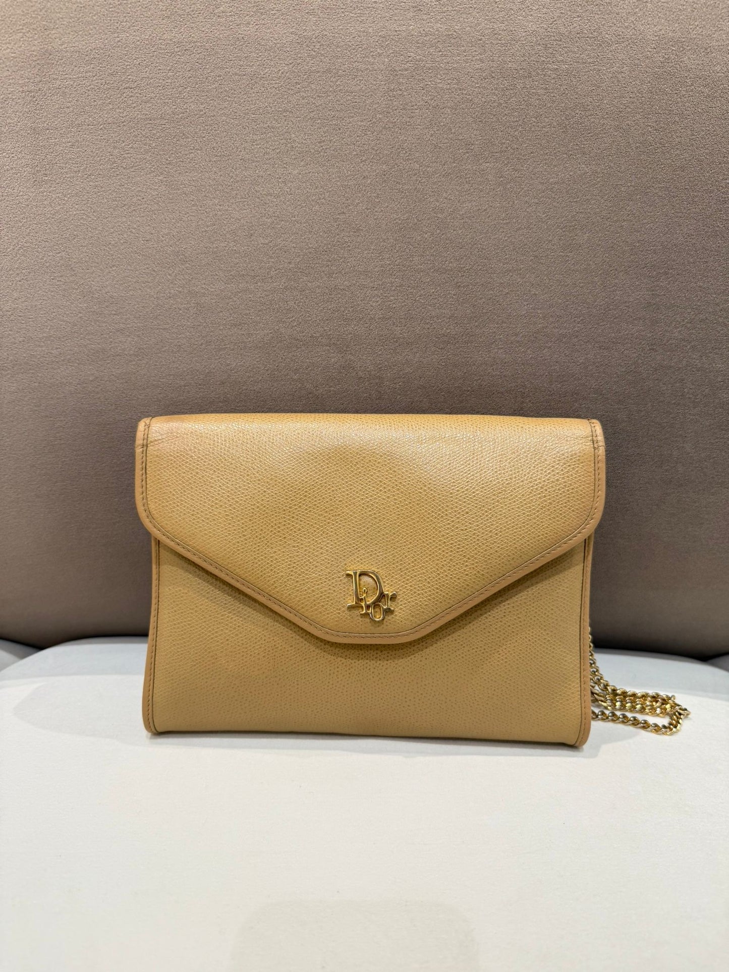 Christian Dior Vintage Beige Leather Logo Chain Shoulder Bag