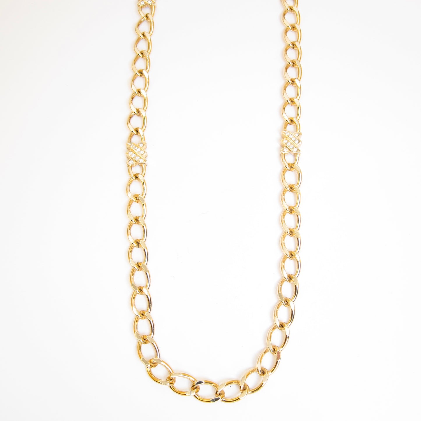 Christian Dior Vintage Stylish Chain Link and Rhinestone Golden Long Necklace