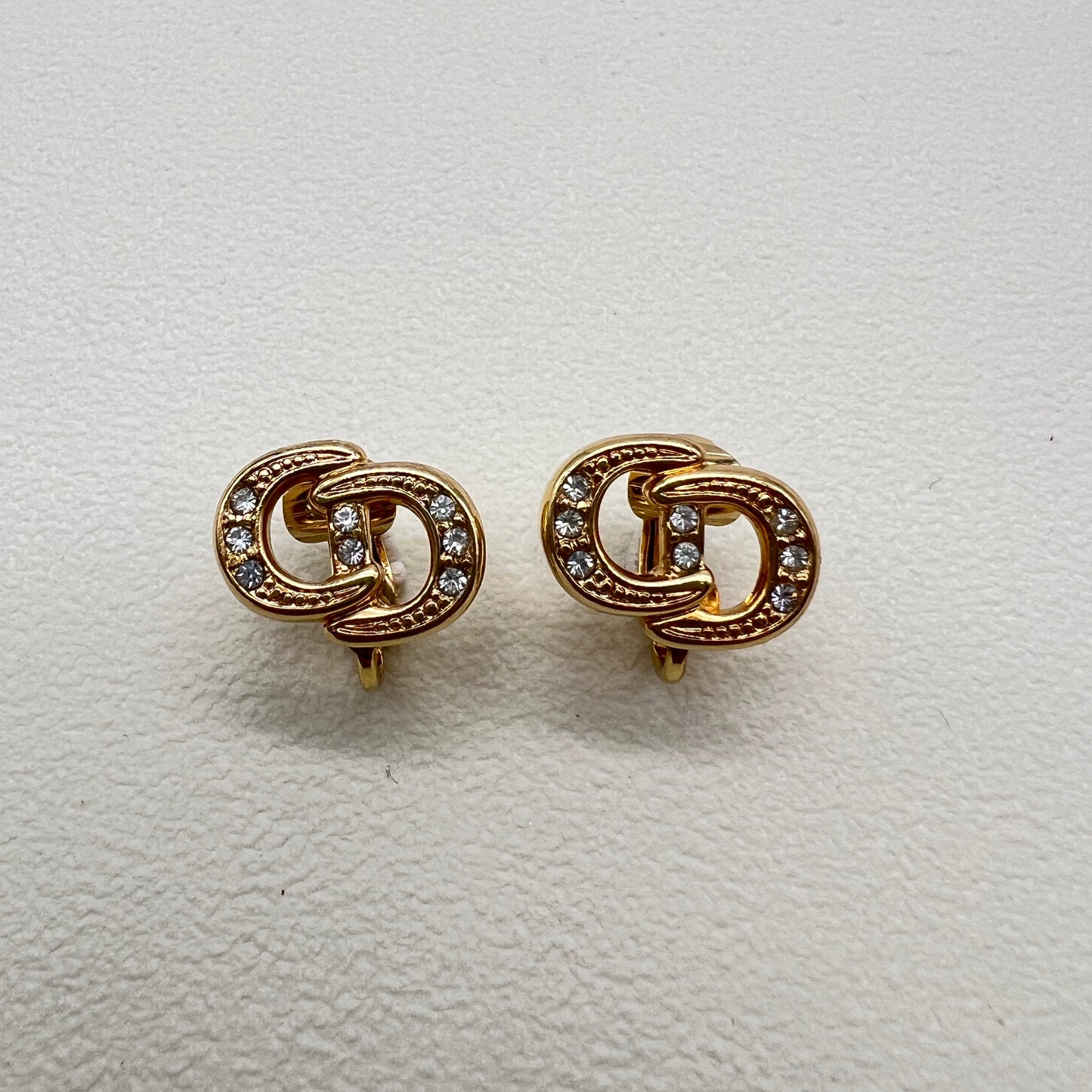 Imperfect - Christian Dior Vintage CD Logo with Rhinestone Golden Clip-on Earrings