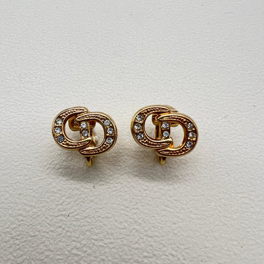 Imperfect - Christian Dior Vintage CD Logo with Rhinestone Golden Clip-on Earrings