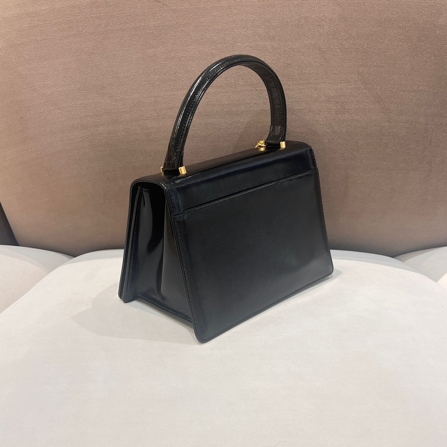 Versace Vintage Medusa Charm Black Leather Top Handle Handbag