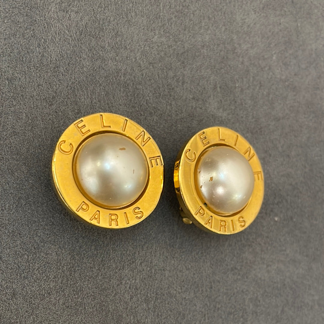 Celine Pearl With Gold Circle Clip-On Earrings