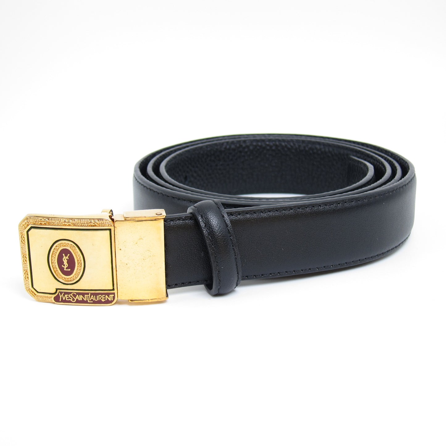 Yves Saint Laurent Vintage Ysl Logo Golden Buckle Black Leather Belt