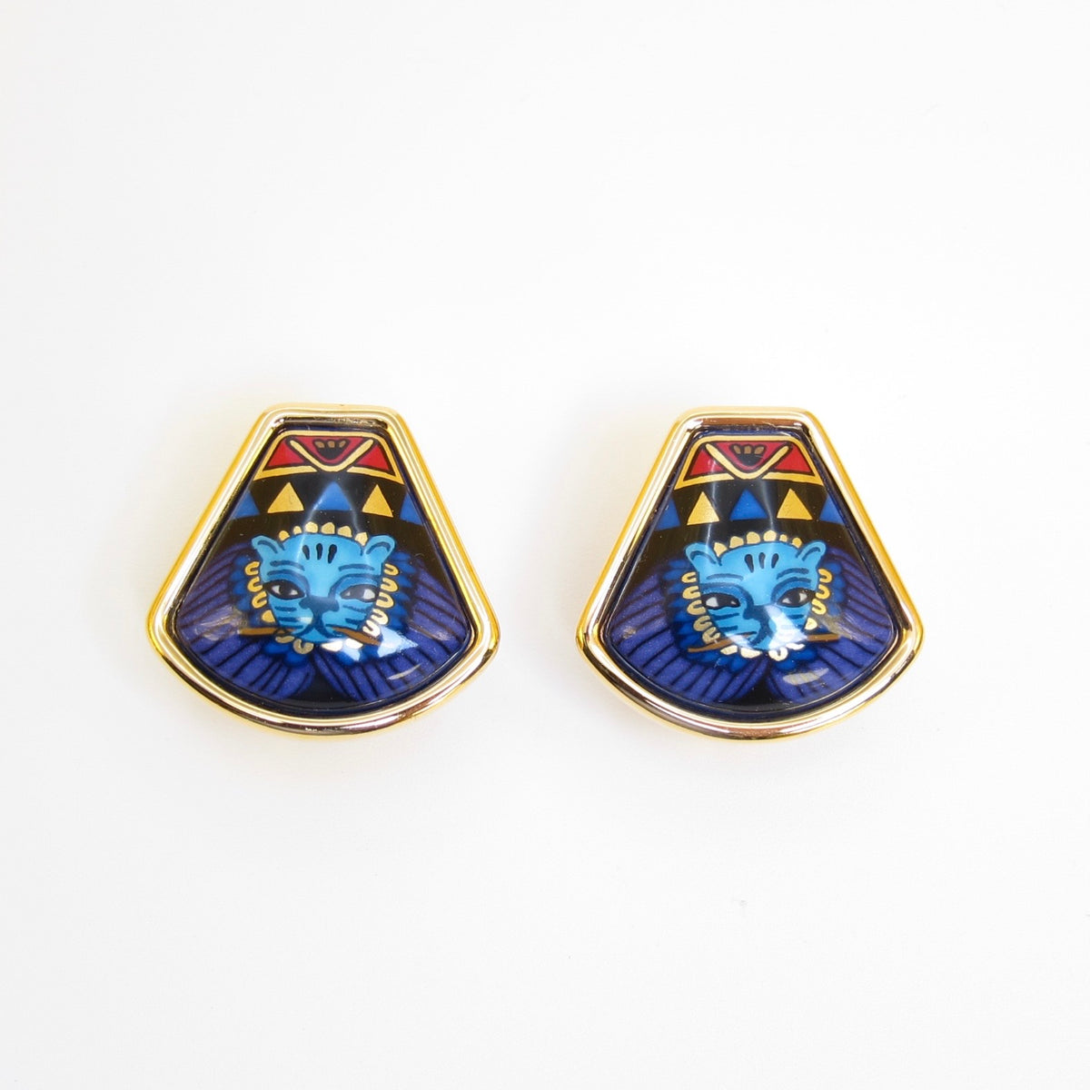 Hermès 中古獅頭藍色琺瑯金色耳夾附盒
