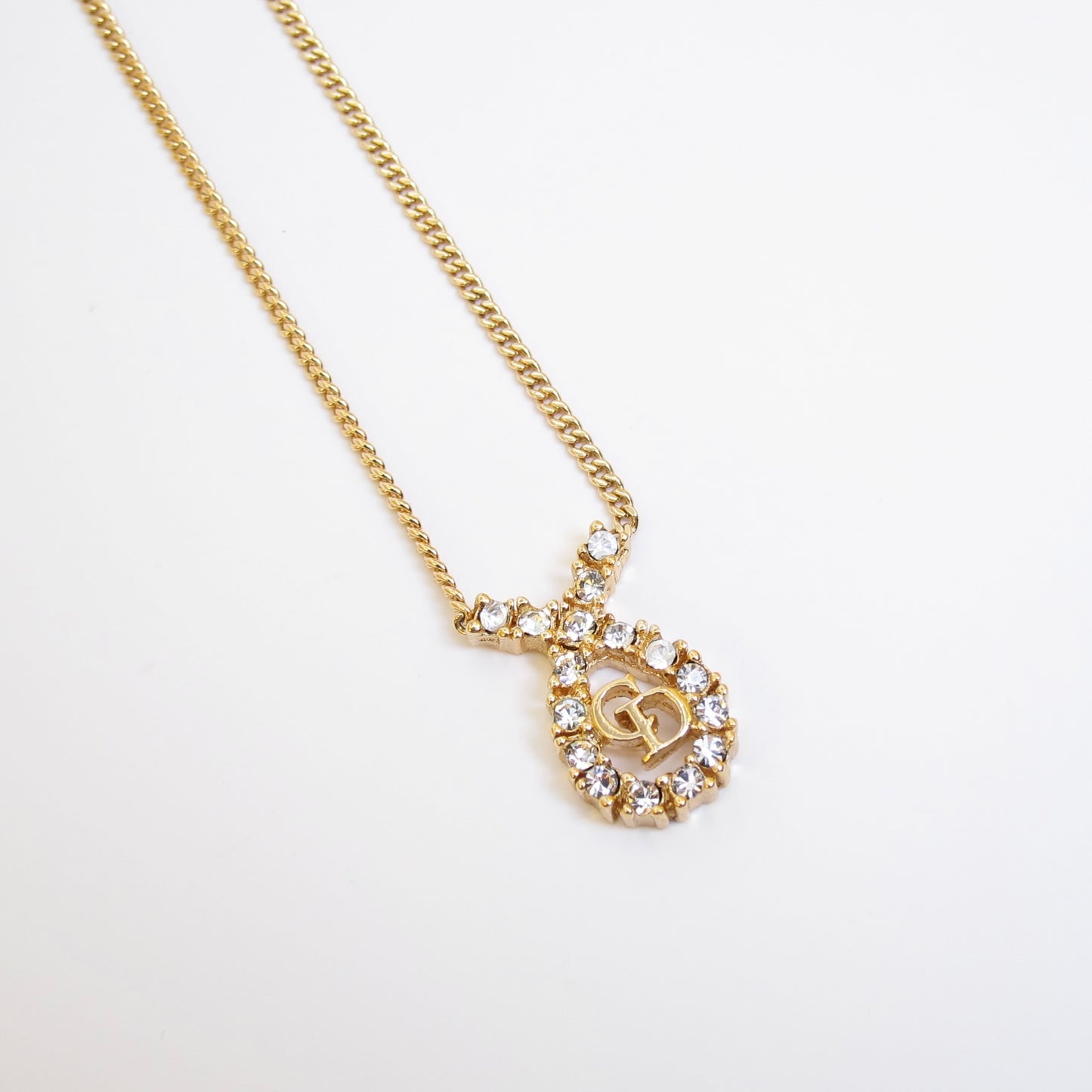Christian Dior Vintage CD Logo in Drop Shape with Rhinestone Golden Necklace