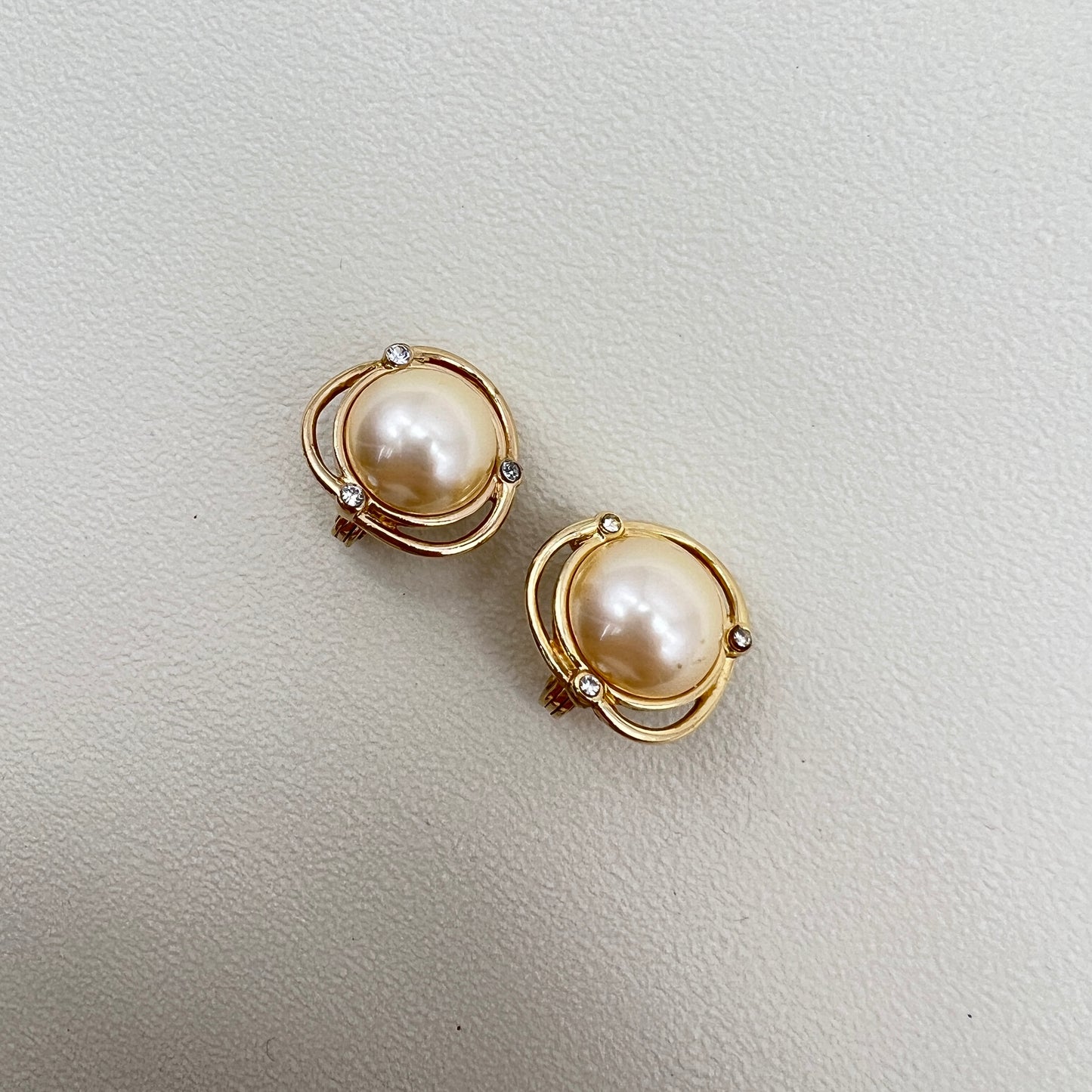 Monet Vintage Pearl and Rhinestone Golden Clip-on Earrings