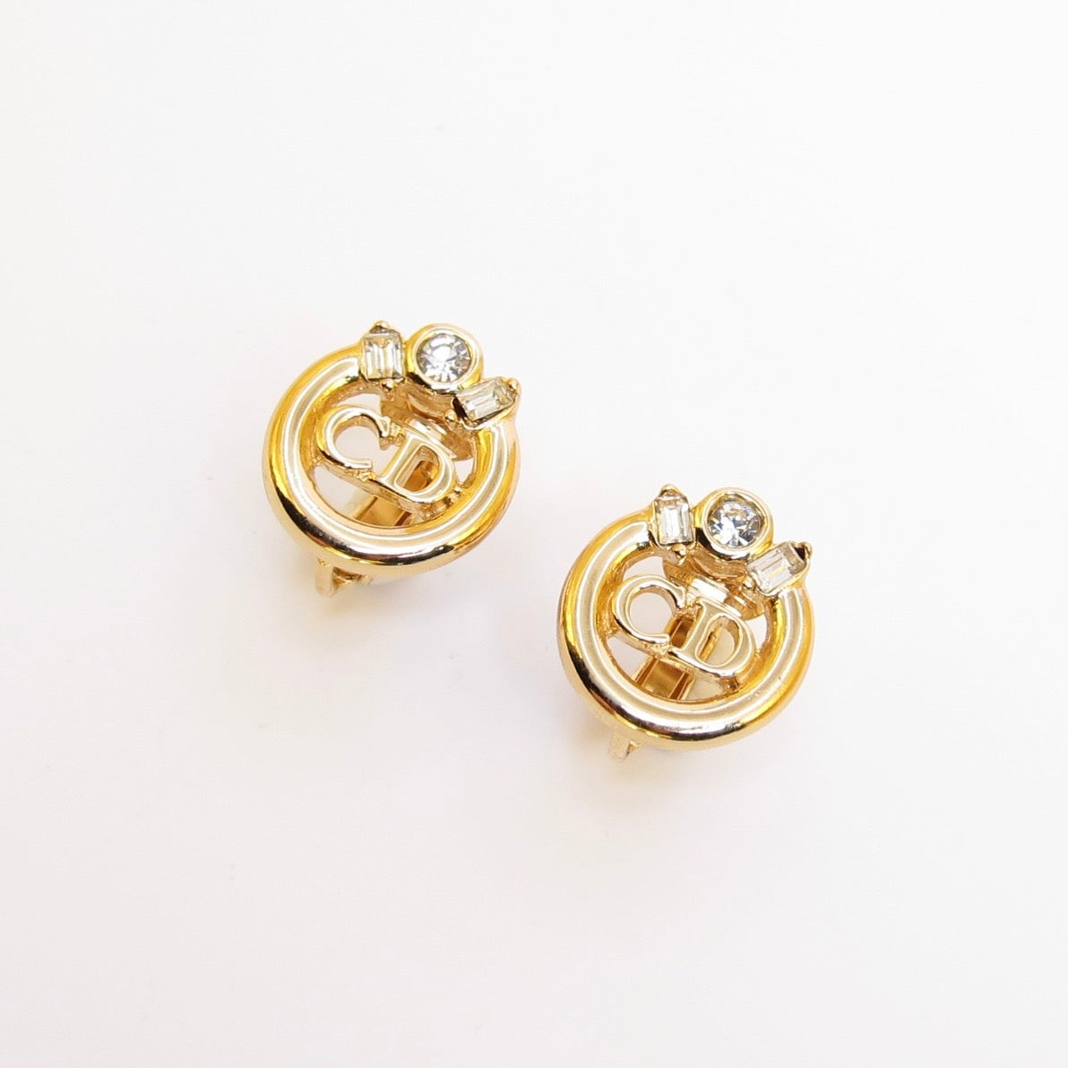 Christian Dior Vintage CD Logo in Circle with Rhinestone Golden Clip-on Earrings