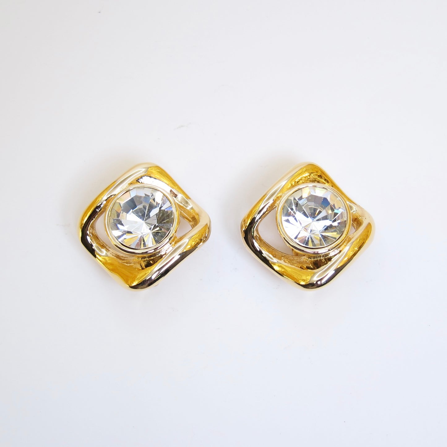 Yves Saint Laurent Vintage Rhinestone in Rhombus Golden Clip-on Earrings